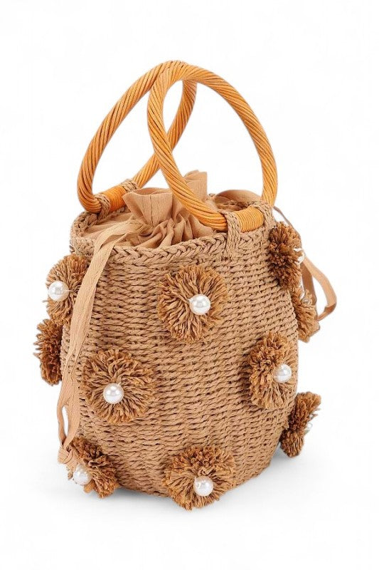 Pearl Raffia Flower Straw Top Handle Bucket Clutch
