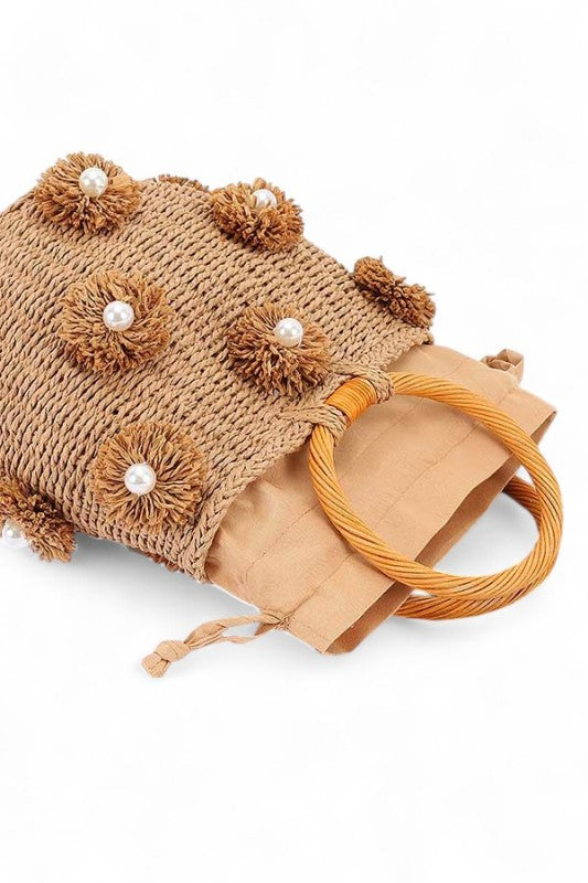 Pearl Raffia Flower Straw Top Handle Bucket Clutch