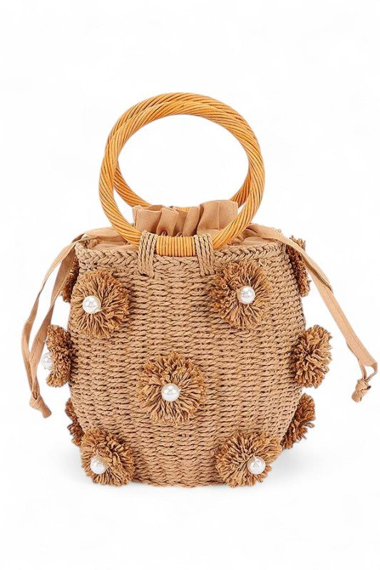 Pearl Raffia Flower Straw Top Handle Bucket Clutch – Ivory – O/S
