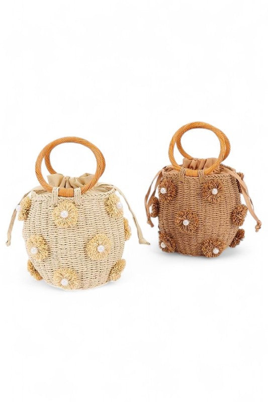 Pearl Raffia Flower Straw Top Handle Bucket Clutch