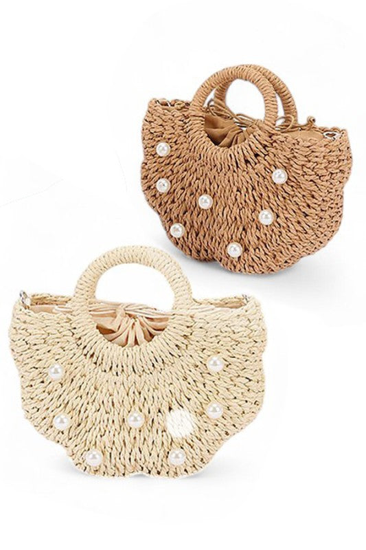 Pearl Raffia Flower Straw Top Handle Bucket Clutch – Ivory – O/S
