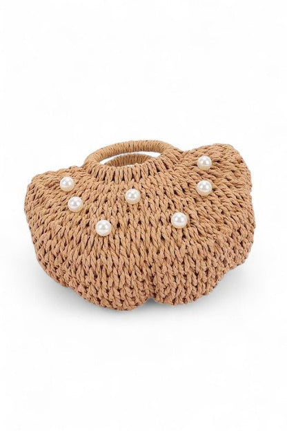 Pearl Raffia Flower Straw Top Handle Bucket Clutch