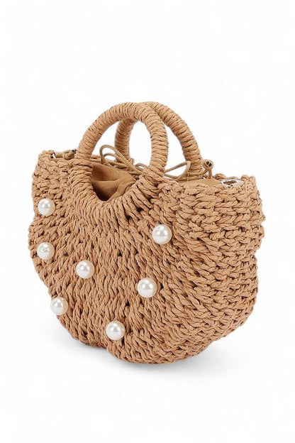 Pearl Raffia Flower Straw Top Handle Bucket Clutch