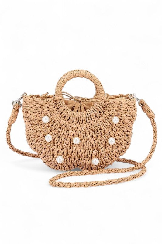 Pearl Raffia Flower Straw Top Handle Bucket Clutch – Khaki – O/S