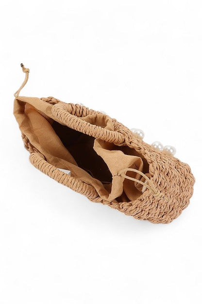 Pearl Raffia Flower Straw Top Handle Bucket Clutch