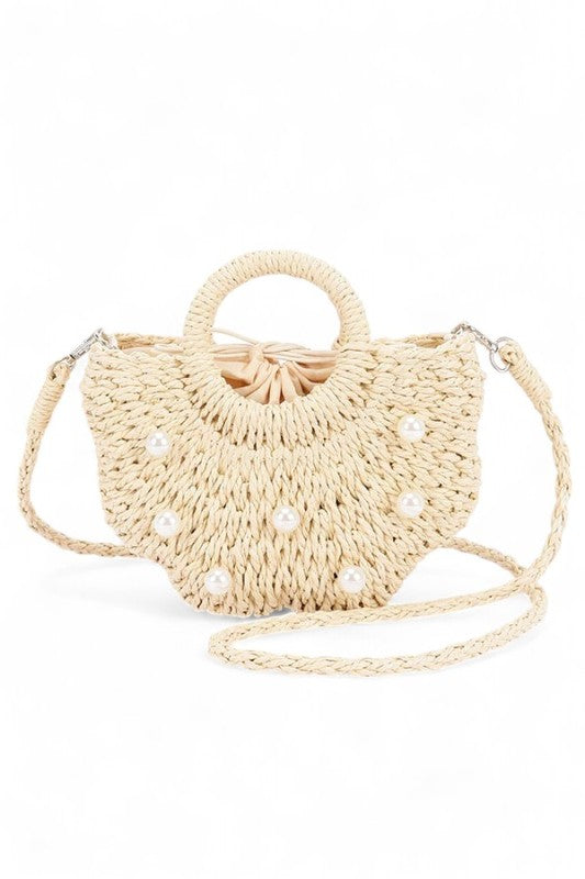 Pearl Raffia Flower Straw Top Handle Bucket Clutch