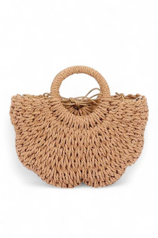 Pearl Raffia Flower Straw Top Handle Bucket Clutch