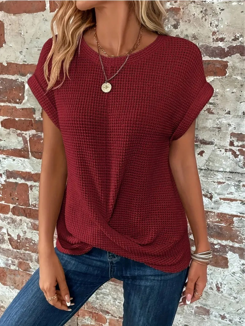 Women’s Short-Sleeve Waffle Knit Top – Lightweight, Casual Comfort - The Dock Drop