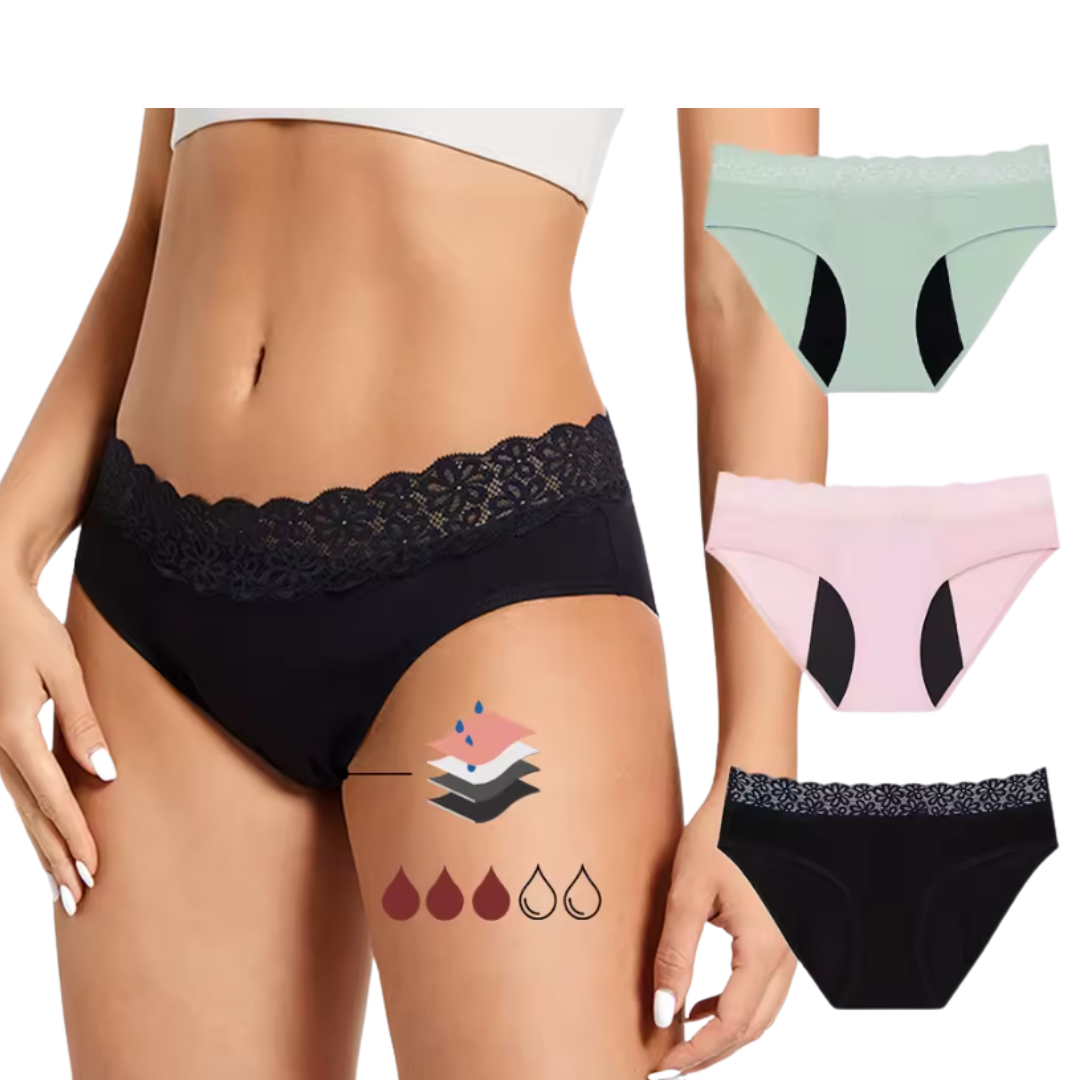 Black lace underwear worn by a model with additional underwear options displayed.
