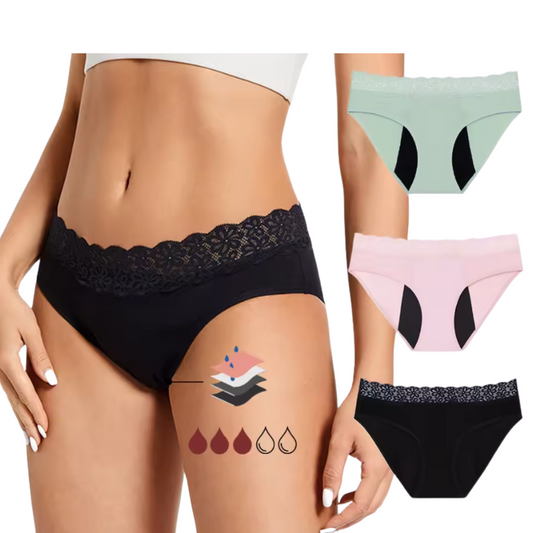 Black lace underwear worn by a model with additional underwear options displayed.