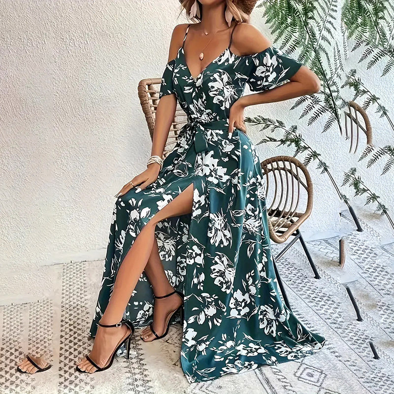 Women’s Floral Maxi Dress — Off-Shoulder A-Line with Split Hem - The Dock Drop