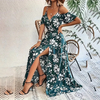 Women’s Floral Maxi Dress — Off-Shoulder A-Line with Split Hem - The Dock Drop