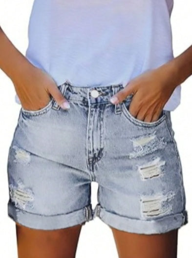 Women’s & Teens Mid-High Rise Distressed Denim Shorts — Stretch Fit, Rolled Hem - The Dock Drop