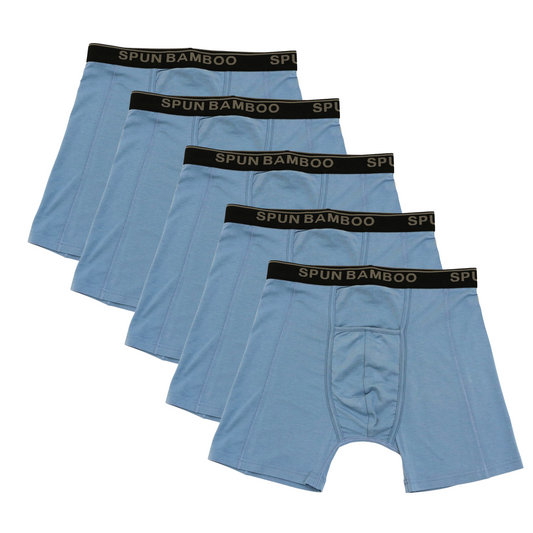 Five pairs of blue boxer briefs with black 'Spun Bamboo' waistbands on a white background.