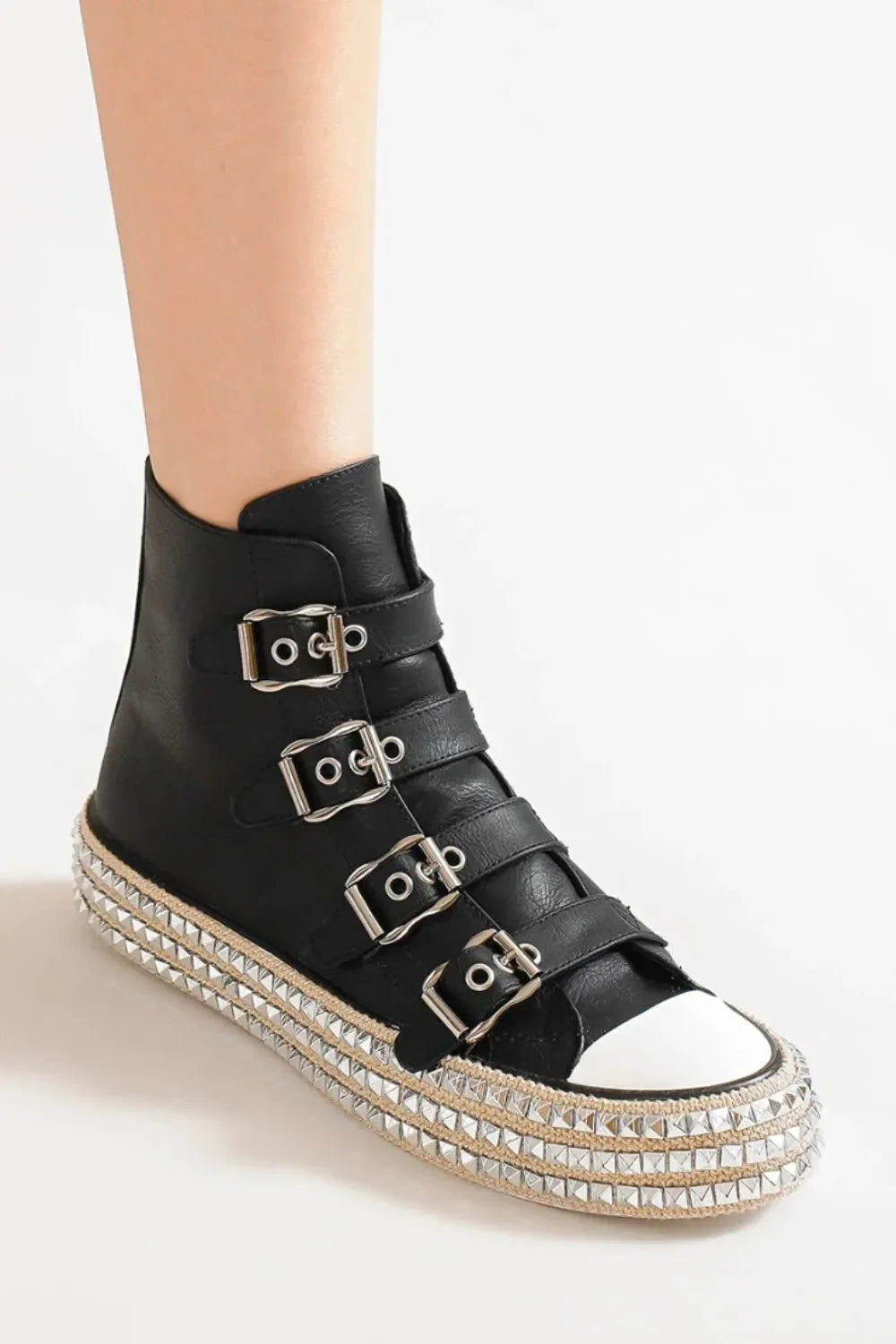 Beast Fashion Buckle Straps & Studded Platform Sneakers – Black – 6.5
