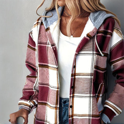Coastal Plaid Drawstring Hoodie Shirt