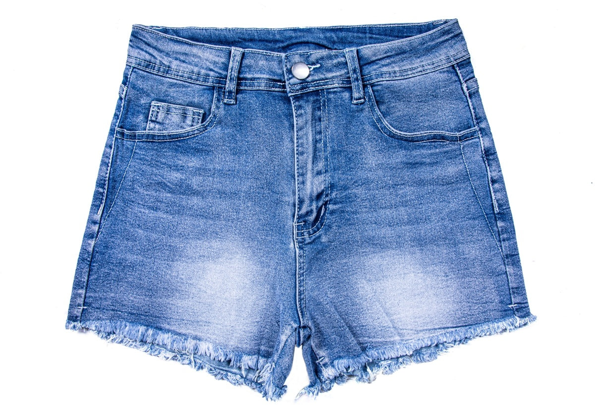 omen’s & Teens Distressed Denim Shorts — Mid-Rise, Button Fly, Frayed Hem - The Dock Drop