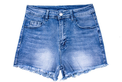 omen’s & Teens Distressed Denim Shorts — Mid-Rise, Button Fly, Frayed Hem - The Dock Drop