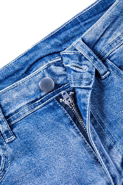 omen’s & Teens Distressed Denim Shorts — Mid-Rise, Button Fly, Frayed Hem - The Dock Drop