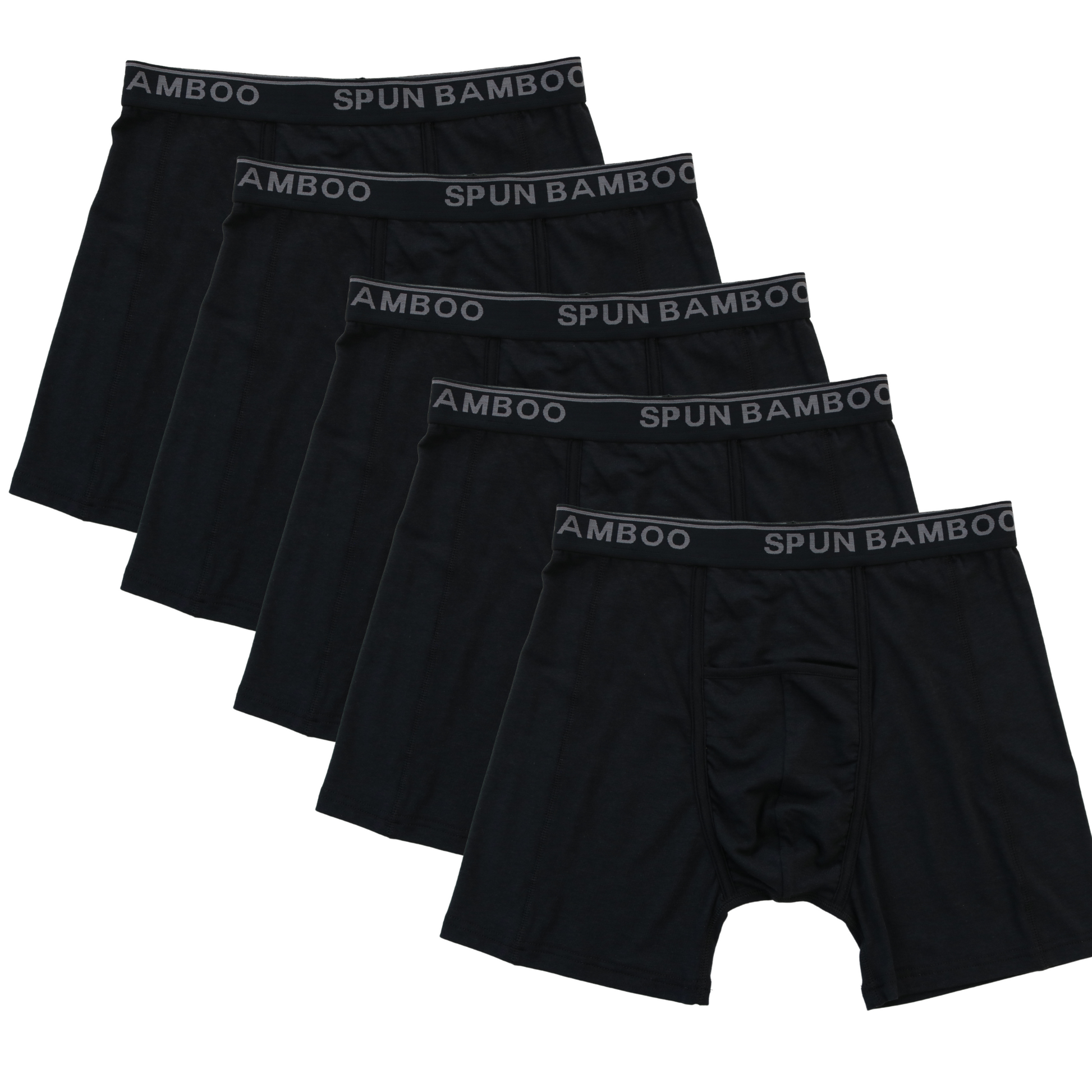 Five pairs of black Spun Bamboo boxer briefs on a white background