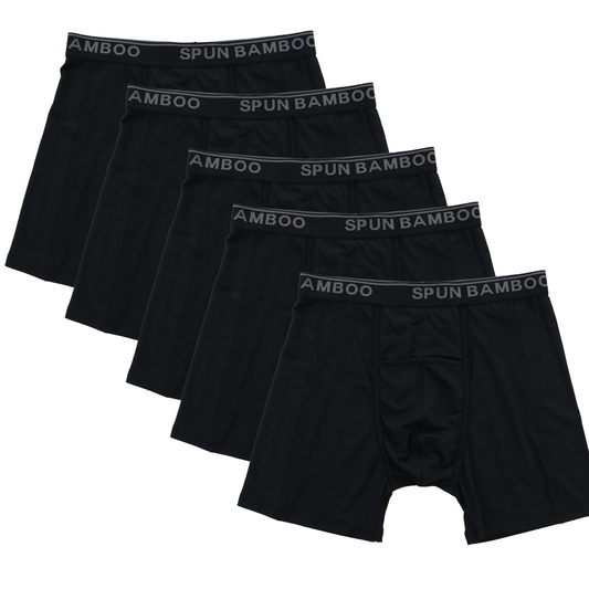 Five pairs of black Spun Bamboo boxer briefs on a white background