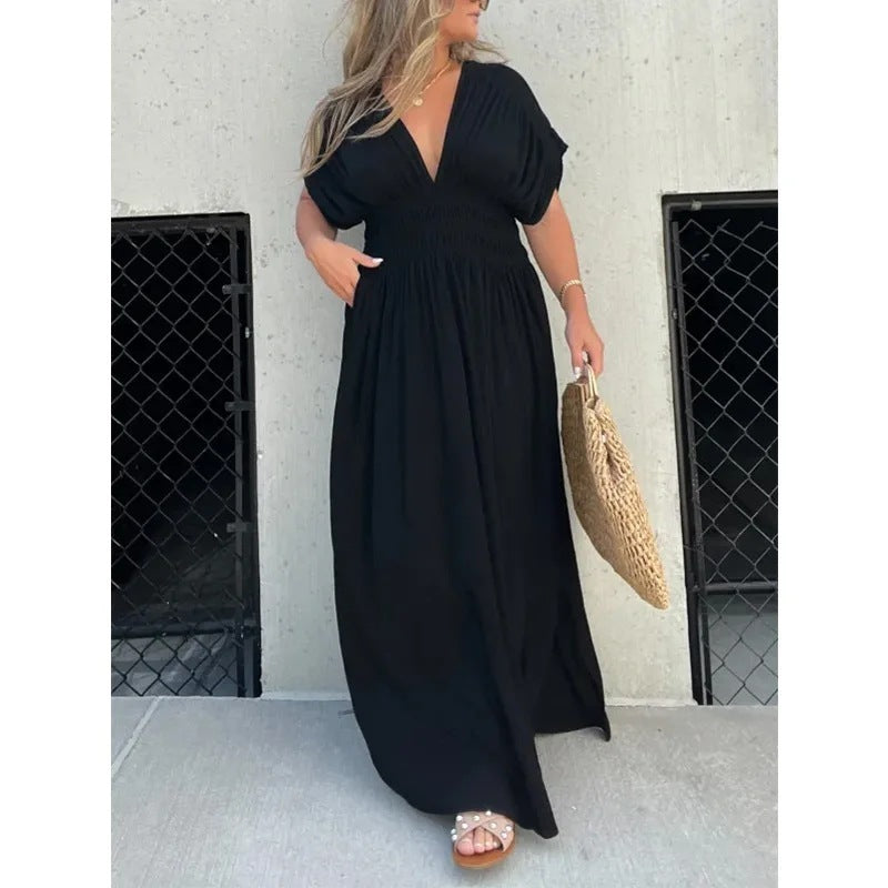 Women’s V-Neck Short-Sleeve Maxi Dress – Elastic Waist, Flowy Fit - The Dock Drop