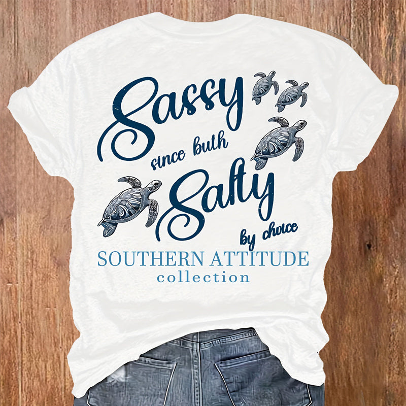 Women’s Round-Neck Graphic Tee – Turtle Print, Soft Cotton Blend - The Dock Drop