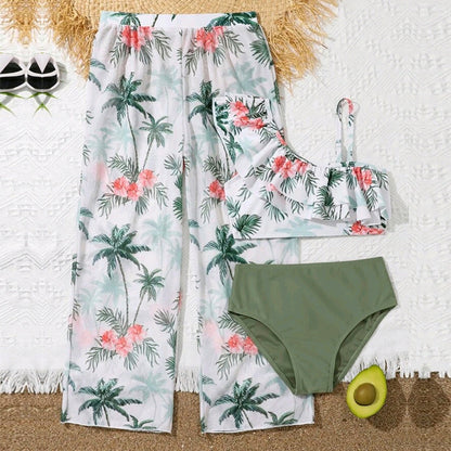 Girls’ 3-Piece Palm Paradise Swim Set – Rashguard Top + Swim Pants + Bikini Bottom - The Dock Drop