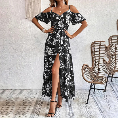 Women’s Floral Maxi Dress — Off-Shoulder A-Line with Split Hem - The Dock Drop