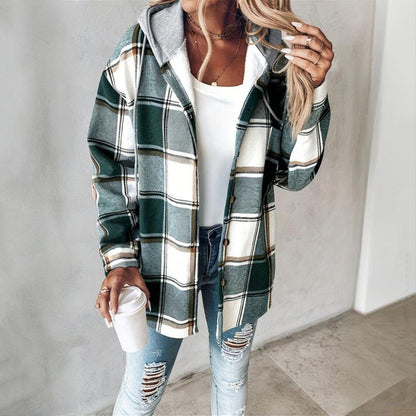 Coastal Plaid Drawstring Hoodie Shirt