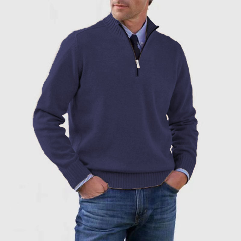 Men's Stand Collar Zipper Sweater Winter Fashion Solid Color Long Sleeve Knitted Top Clothing - The Dock Drop