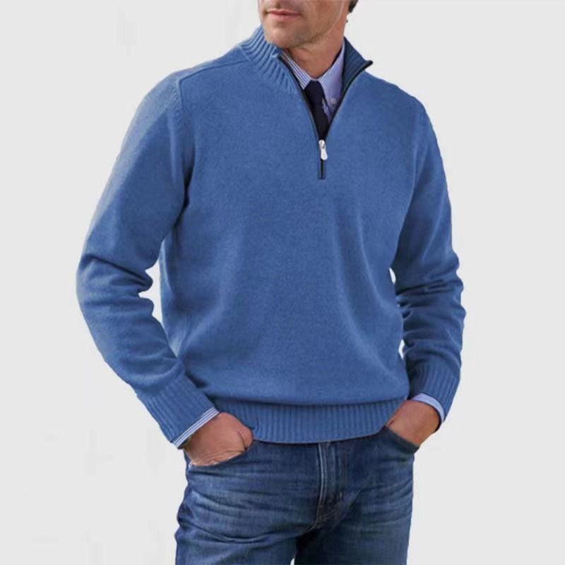 Men's Stand Collar Zipper Sweater Winter Fashion Solid Color Long Sleeve Knitted Top Clothing - The Dock Drop