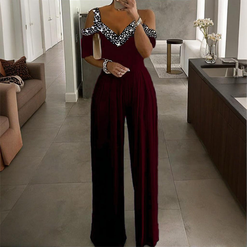 Women’s Plus Size Wide-Leg Jumpsuit – V-Neck with Rhinestone Detail - The Dock Drop