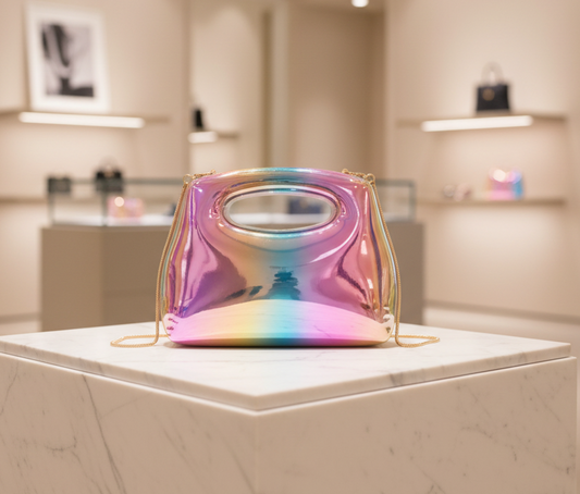 Multicolored handbag on a pedestal in a store setting