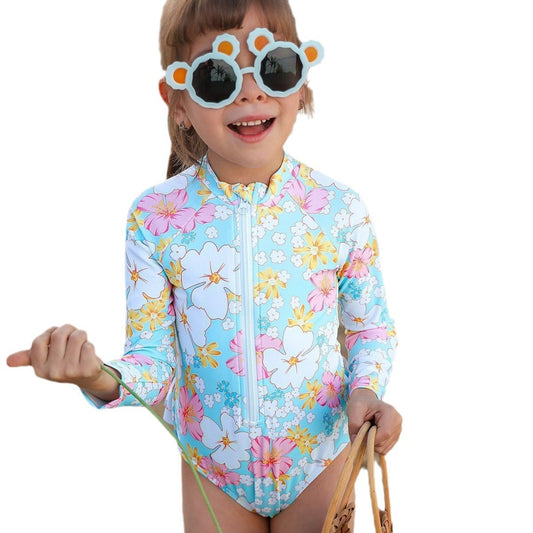 Girls’ One-Piece Long Sleeve Swimsuit – Breathable, UV Protection - The Dock Drop