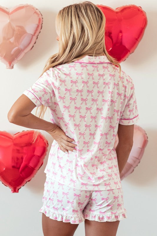 Pink Short Sleeve and Ruffled Shorts Pajama Set