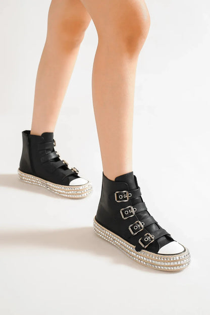 Beast Fashion Buckle Straps & Studded Platform Sneakers – Black – 5.5