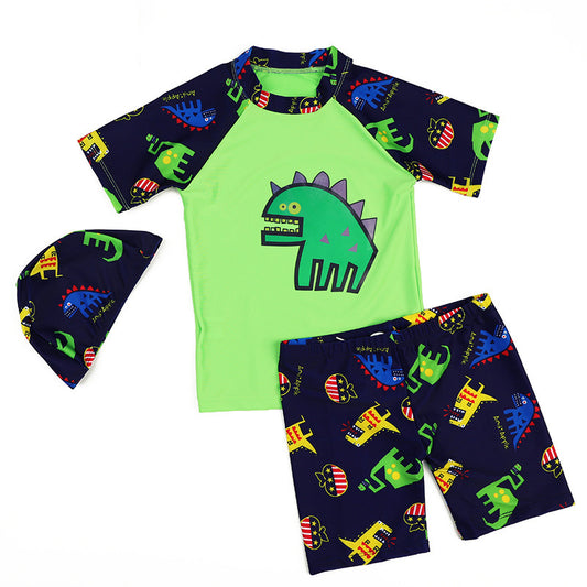 Boys’ 3-Piece Dinosaur Swim Set – Rash Guard, Trunks & Swim Cap