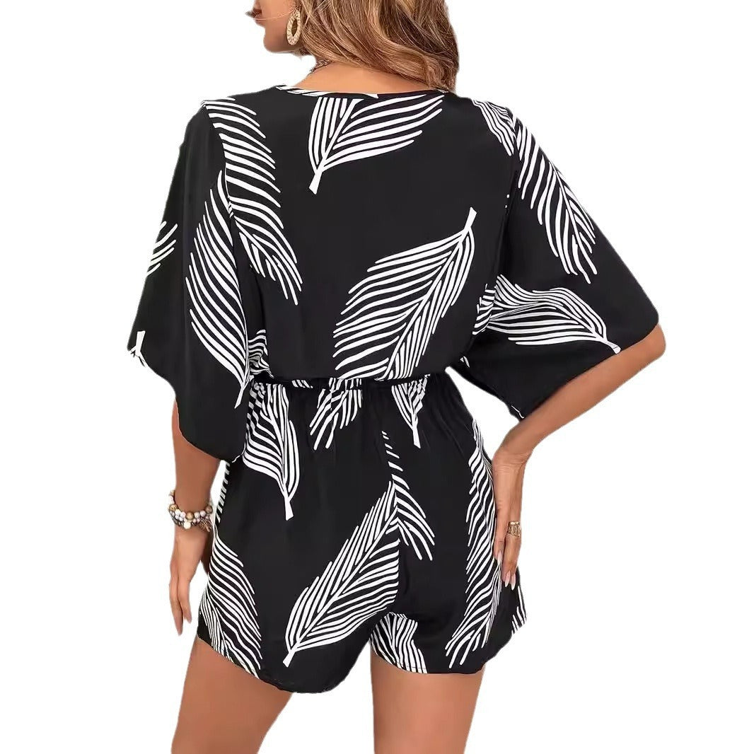 Leaf-Print V-Neck Tie-Waist Romper – Short Sleeve (XXS–3XL) - The Dock Drop