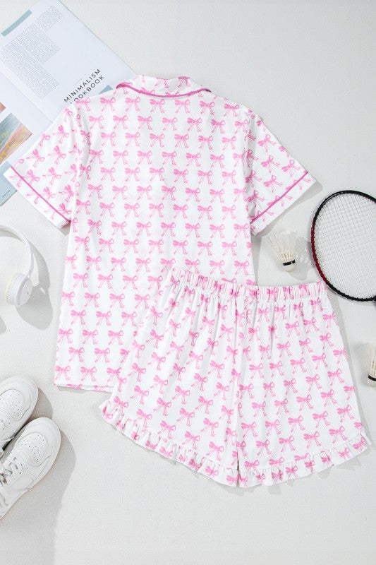 Pink Short Sleeve and Ruffled Shorts Pajama Set – Pink – L