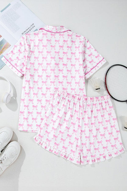 Pink Short Sleeve and Ruffled Shorts Pajama Set – Pink – L