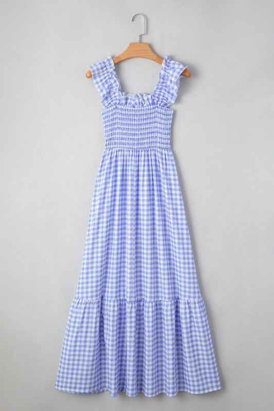 Blue Gingham Plaid Check Maxi Dress