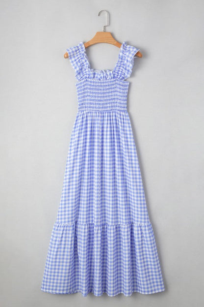Blue Gingham Plaid Check Maxi Dress