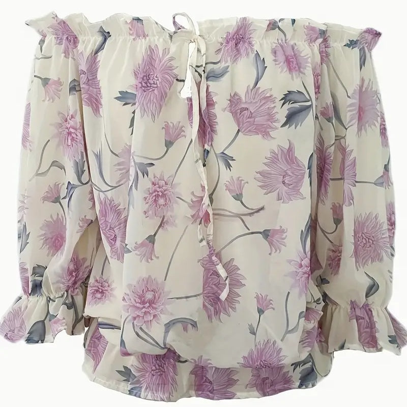 Women’s Floral Off-Shoulder Blouse — Ruffle Sleeve Chiffon Top - The Dock Drop