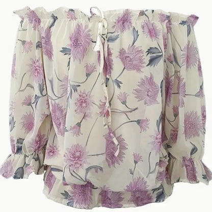 Women’s Floral Off-Shoulder Blouse — Ruffle Sleeve Chiffon Top - The Dock Drop