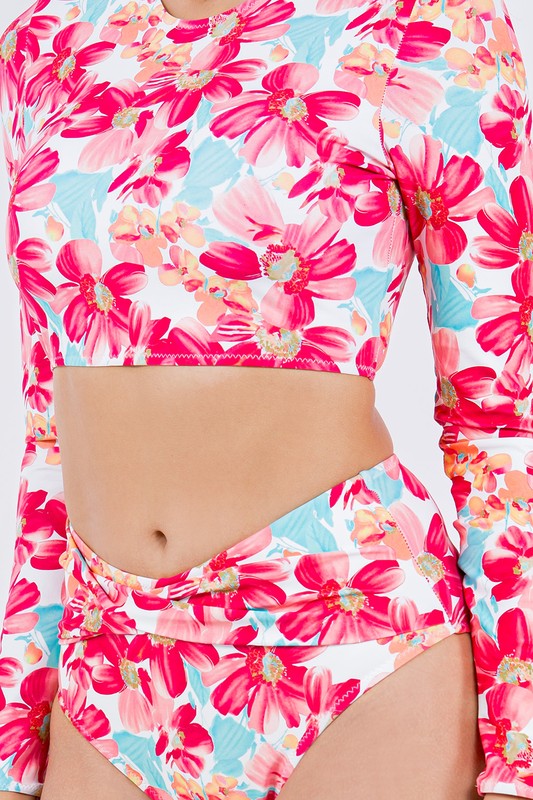 Two Piece Floral Print with Long Sleeve Bikini – Coral – S