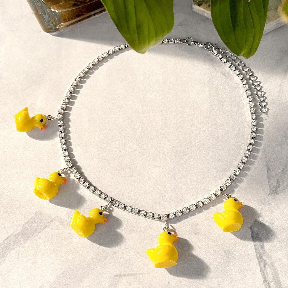 Yellow Duck Charm Necklace – Crystal Bead Chain (Adjustable) - The Dock Drop