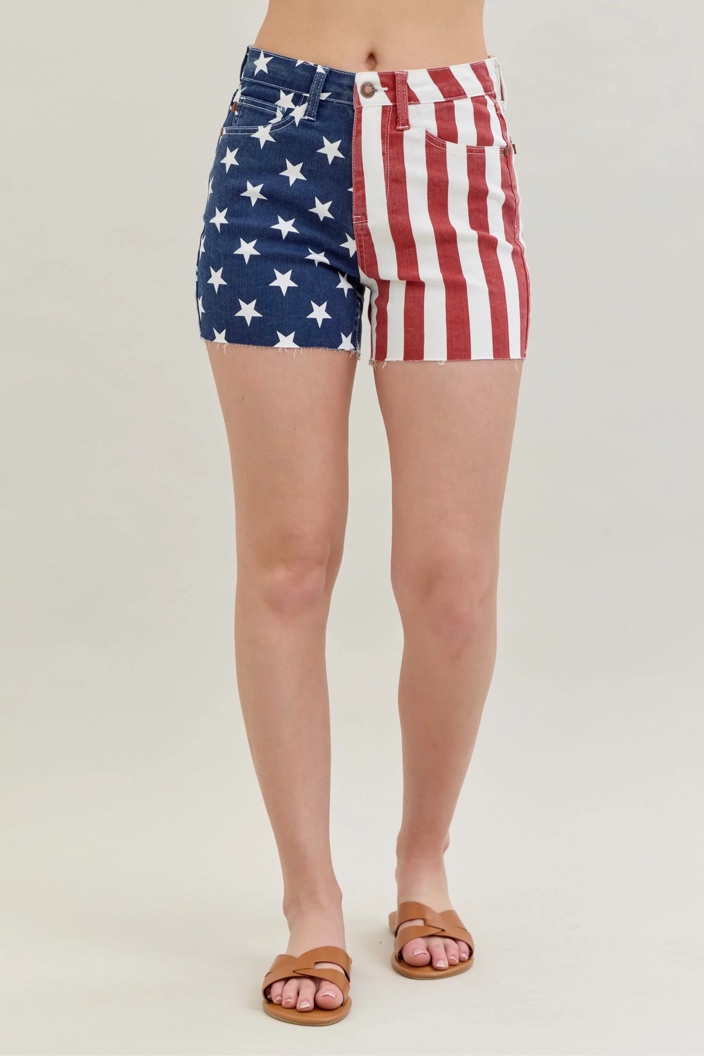 Judy Blue Full Size High Waist Americana Flag Fray Hem Shorts Plus Size – Print – S