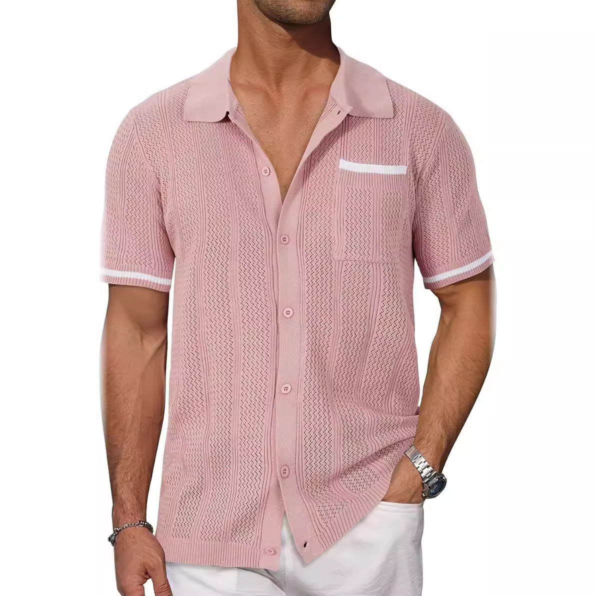 Coastline Breeze Shirt – Men’s Short-Sleeve Hollow Knit Button-Up - The Dock Drop