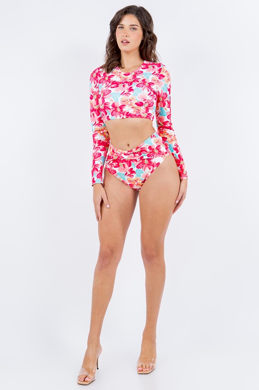 Two Piece Floral Print with Long Sleeve Bikini – Green/blue – L